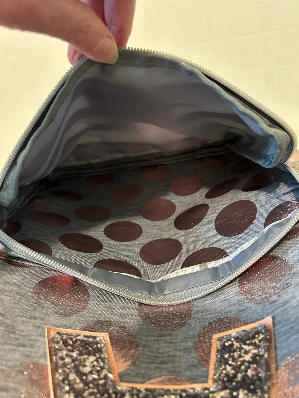 Justice ‘A’ Glitter Gray Backpack & Lunchbox Set with Rose Gold Polka Dots